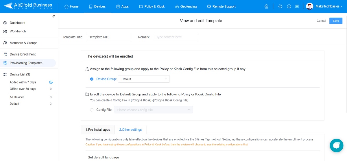 Creating a new template in AirDroid Business web client.