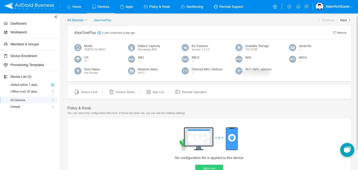 Viewing device information via the AirDroid Business web console. 