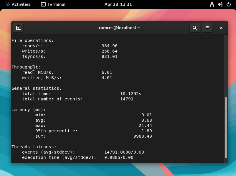 A screenshot of the File IO sysbench result in AlmaLinux.
