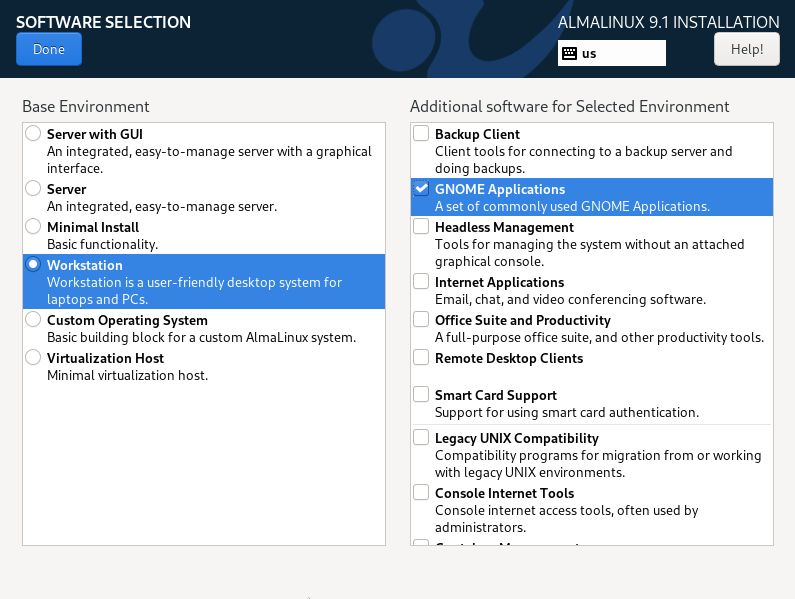 A screenshot of the limited desktop environment options in AlmaLinux.