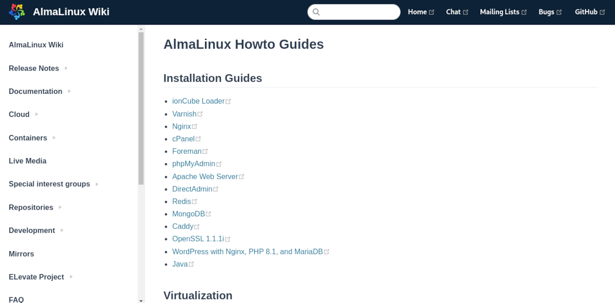 A screenshot of the AlmaLinux documentation page.