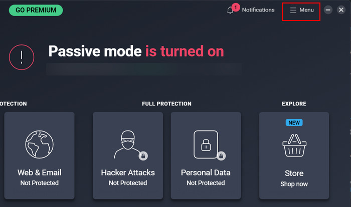 Clicking on "Menu" icon in AVG.