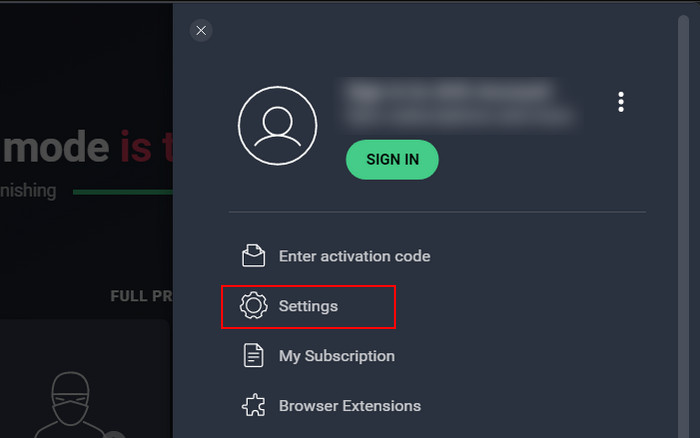 Clicking on "Settings" from the menu in AVG.