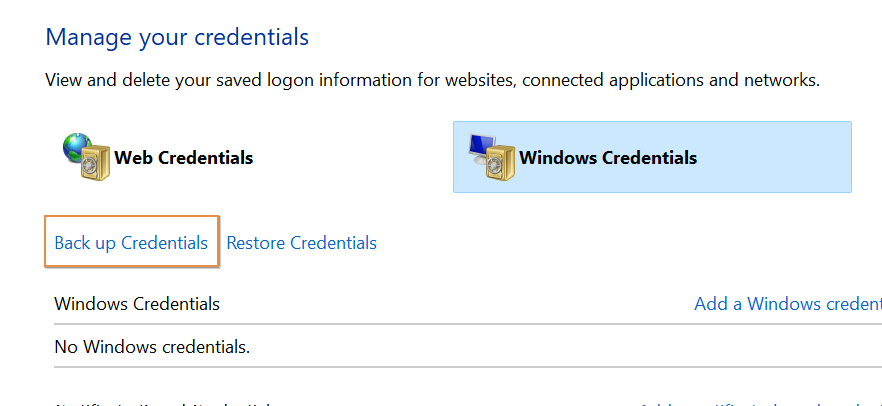 Opting for "Back up Credentials" option in Windows Credential Manager.