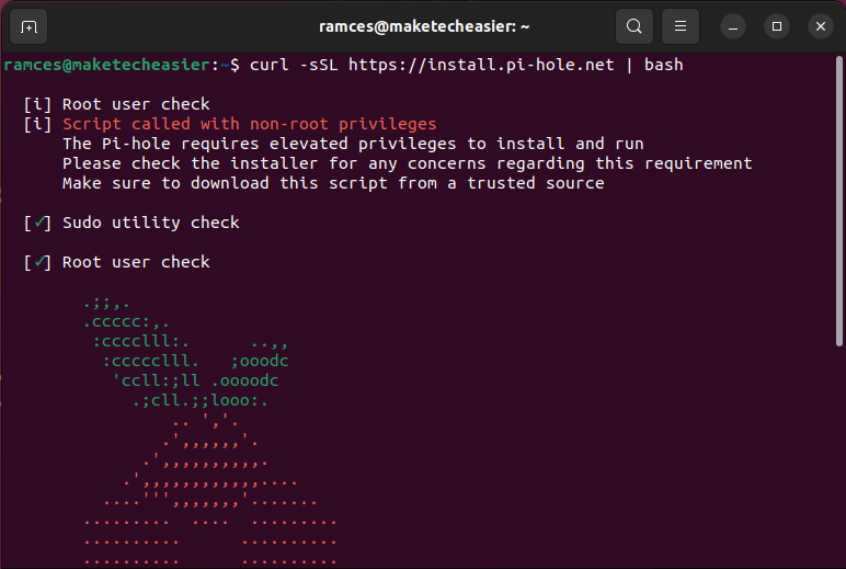 A terminal showing the installation process for Pi-Hole.