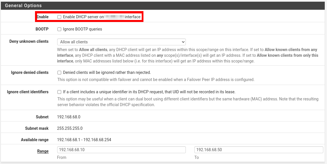 A screenshot showing the router's DHCP server disabled.