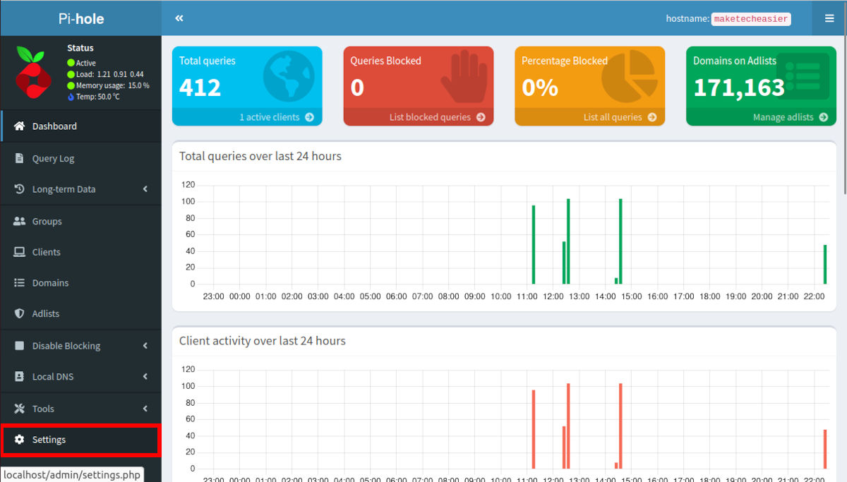 A screenshot of the dashboard with a highlight on the "Settings" category.