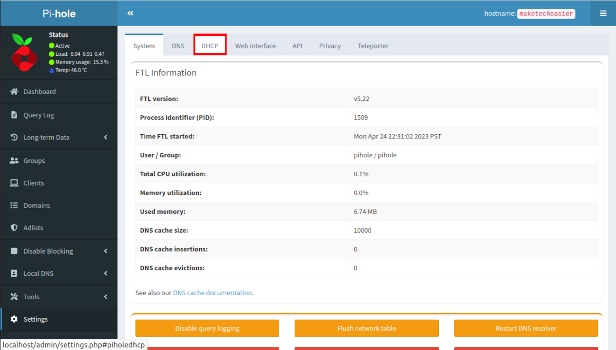 A screenshot of the "Settings" page with a highlight on the "DHCP" tab.