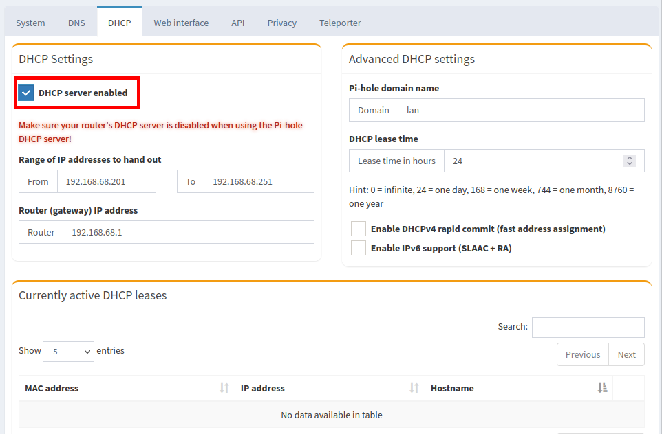 A screenshot of the "DHCP" tab with a highlight on the "DHCP server" checkbox.
