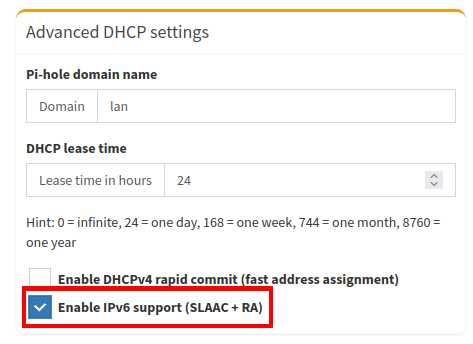A screenshot of the "Advanced DHCP Settings" with a highlight on the "IPv6 support."