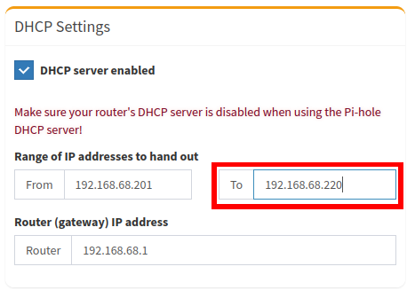 A screenshot of the "DHCP settings" with a highlight on the "To" textbox.