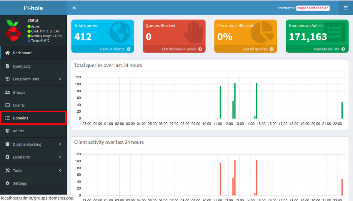 A screenshot of the dashboard with a highlight on the "Domains" category.