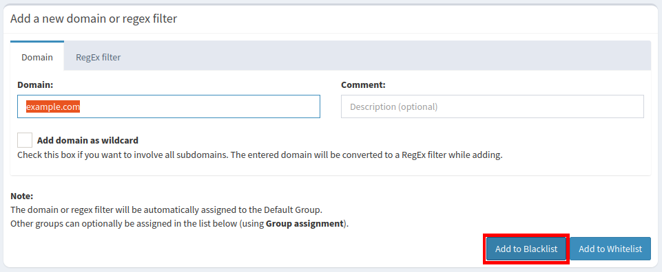 A screenshot of the "Domain Management" page with a highlight on the "Add to Blocklist."
