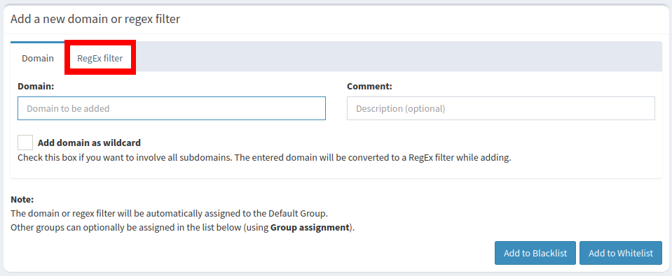A screenshot of the "Domain Management" page with a highlight on the "Regex Filter" tab.