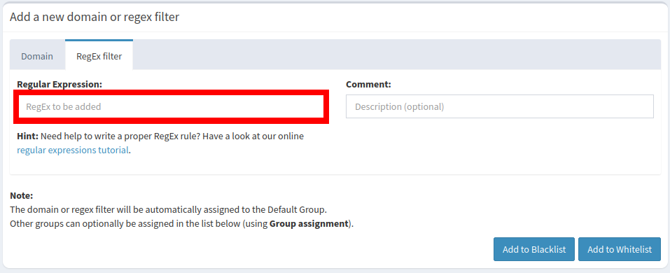 A screenshot of the "Regex Filter" page with a highlight on the filter textbox.