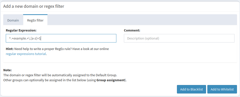A screenshot of a regex filter using the example domain.