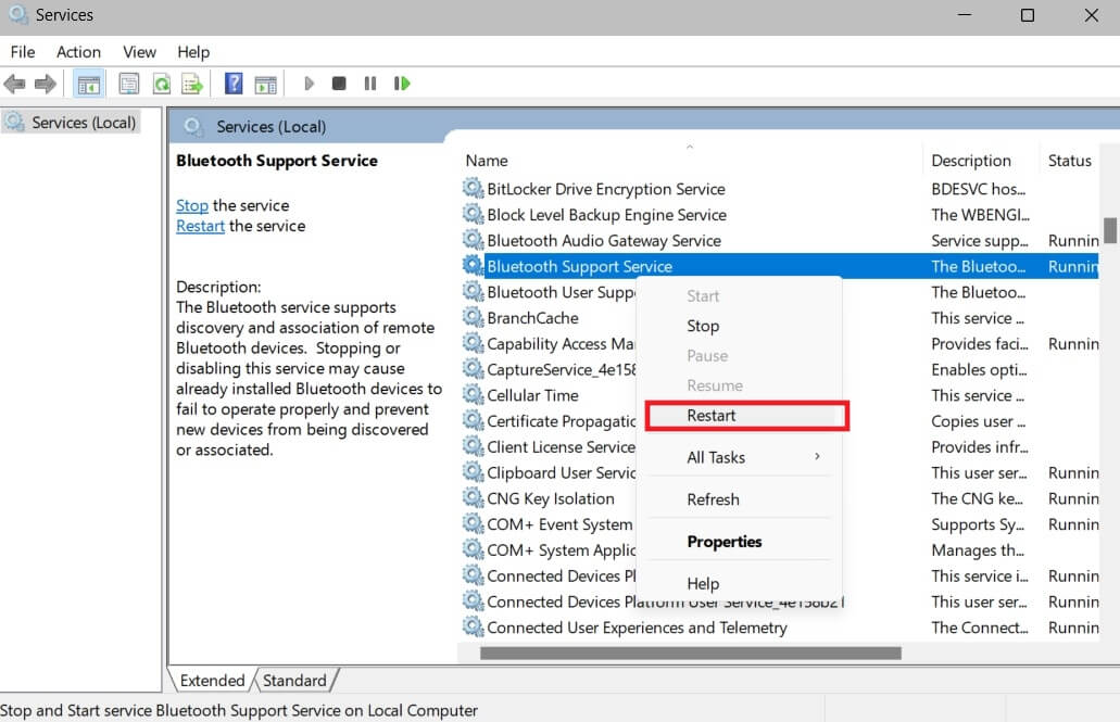 Restarting Bluetooth Support Service from Services app. 