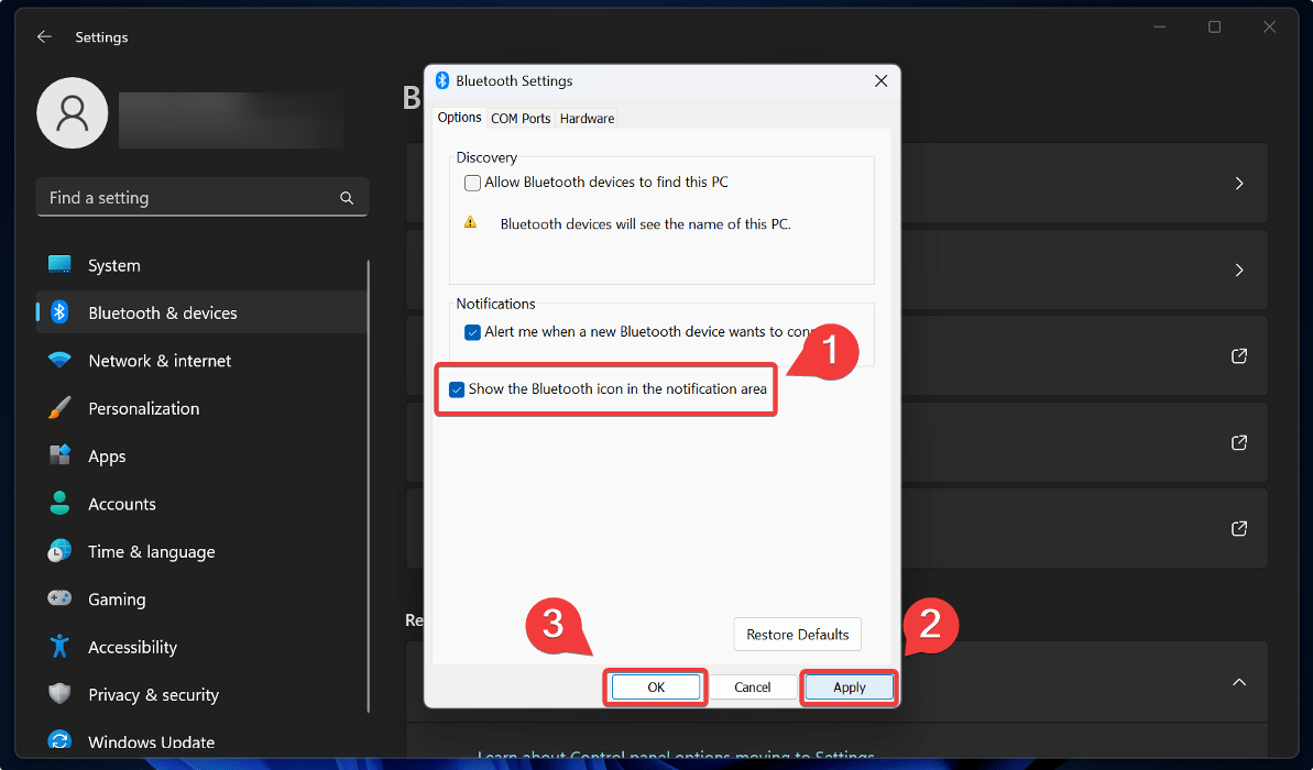 Click on "Show Bluetooth icon in the notification area" in Bluetooth Settings window. 