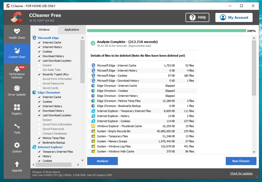 Ccleaner Windows interface overview in Windows. 