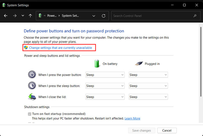 Clicking on "Change settings that are currently unavailable" option in System Settings. 