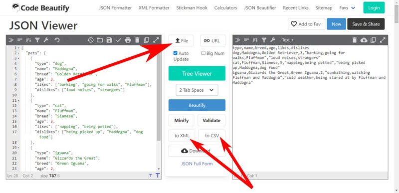 Code Beautify Json Viewer Convert Json File To Xml File Or Csv File
