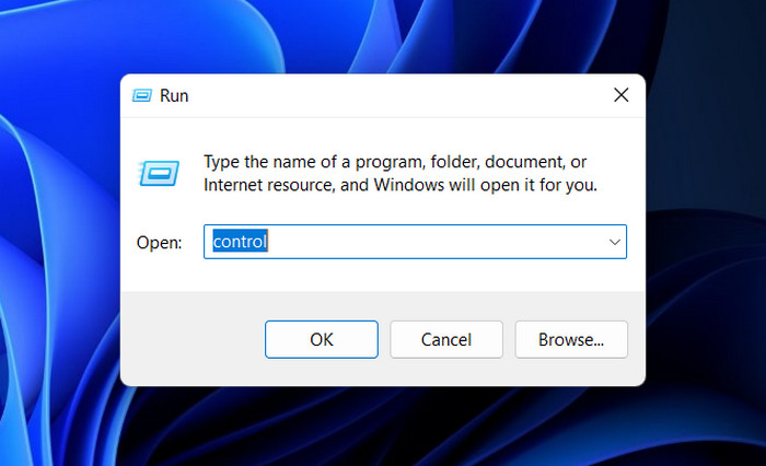 Typing "control" in Run window. 