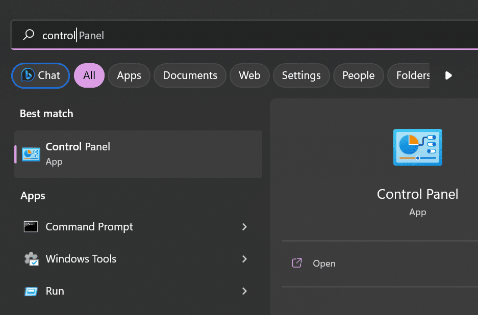 Typing "Control Panel" via Windows Search. 