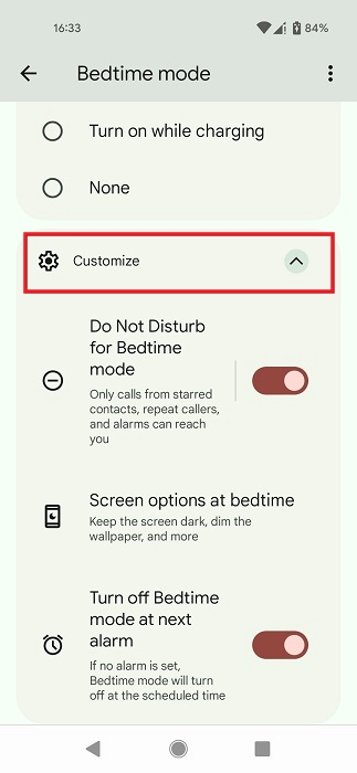 "Customize" options under Bedtime Mode in Digital Wellbeing. 
