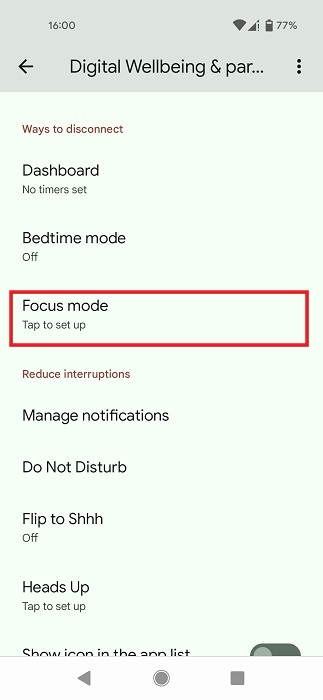 Tapping on "Focus mode" in Digital Wellbeing. 