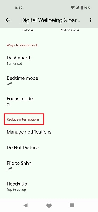 "Reduce interruptions" options in Digital Wellbeing.