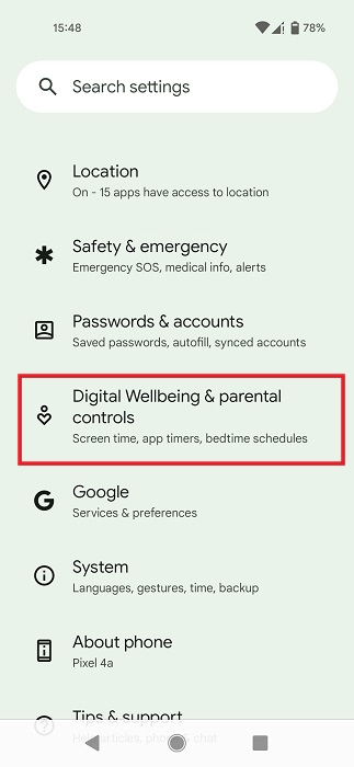 Clicking on "Digital Wellbeing & parental controls" in the Settings app. 