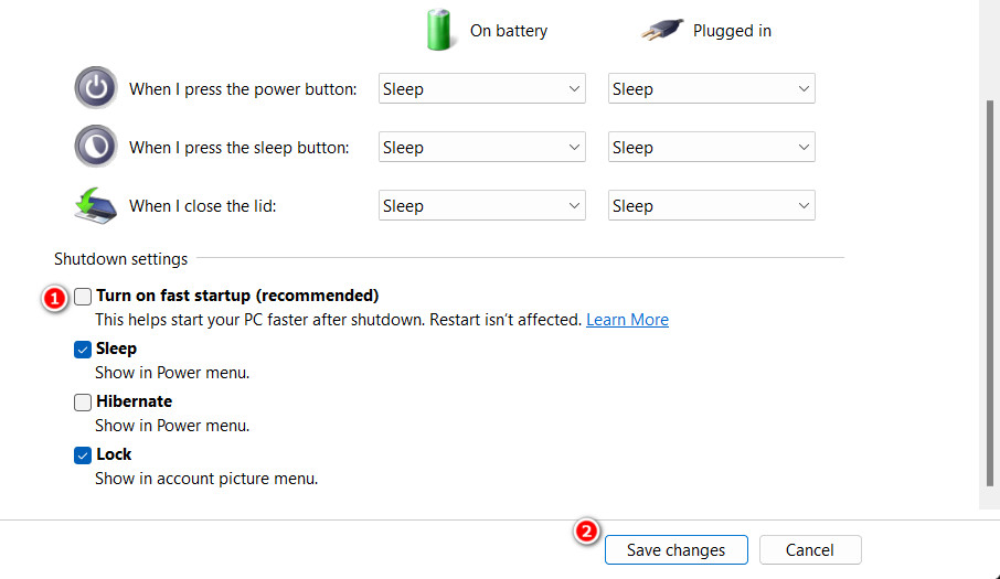 Unchecking the "Turn on fast startup (recommended) option. 