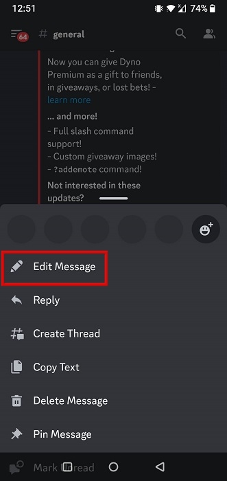 Editing a text in the Discord mobile apps.