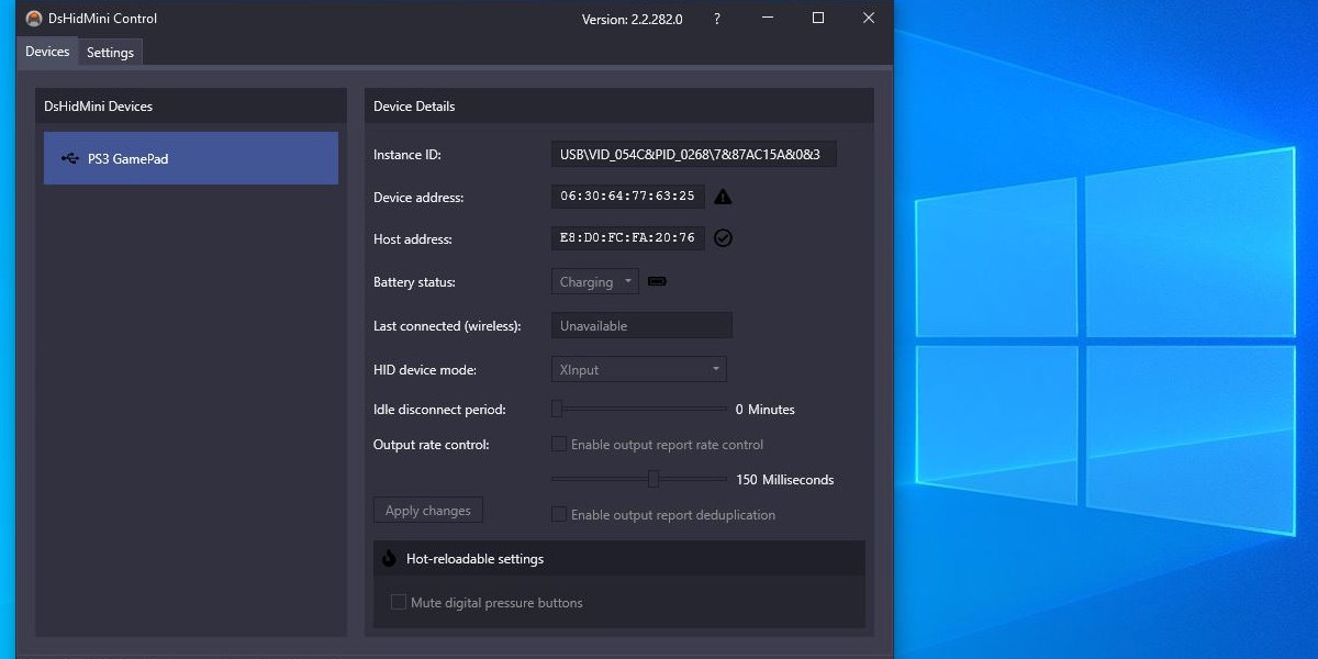 DsHidMini settings utility interface view with options. 