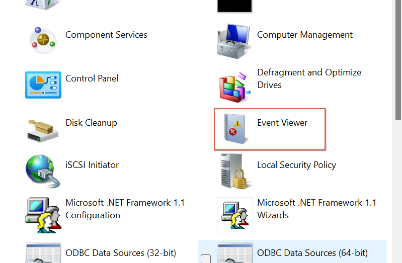 Double-clicking "Event Viewer" to open it via Control Panel. 