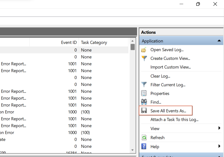 Exporting error logs via Event Viewer.
