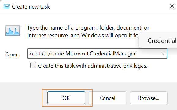 Typing command in "Create new task" window. 