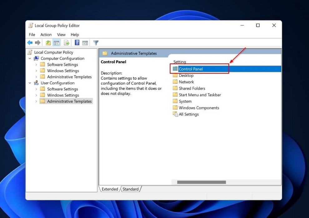 Double clicking in Control Panel in Group Policy Editor.