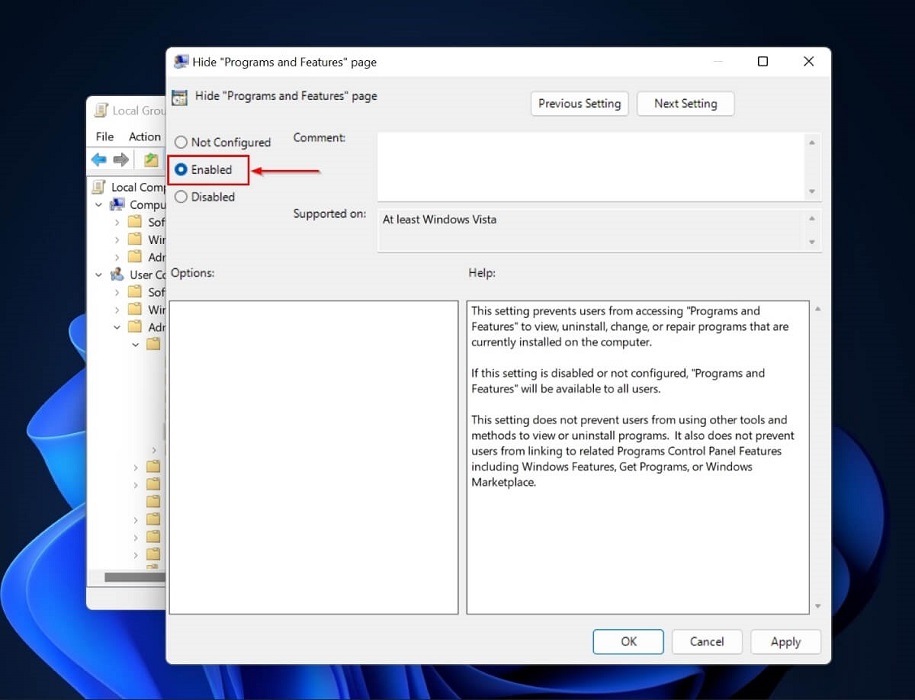 Enable option for "Hide programs and features page" in Group Policy Editor. 