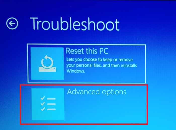 Opting for "Advanced options" under "Troubleshoot."