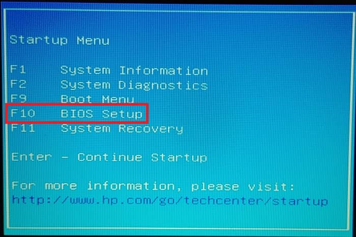 "BIOS Setup" option visible in Startup Menu in Windows. 