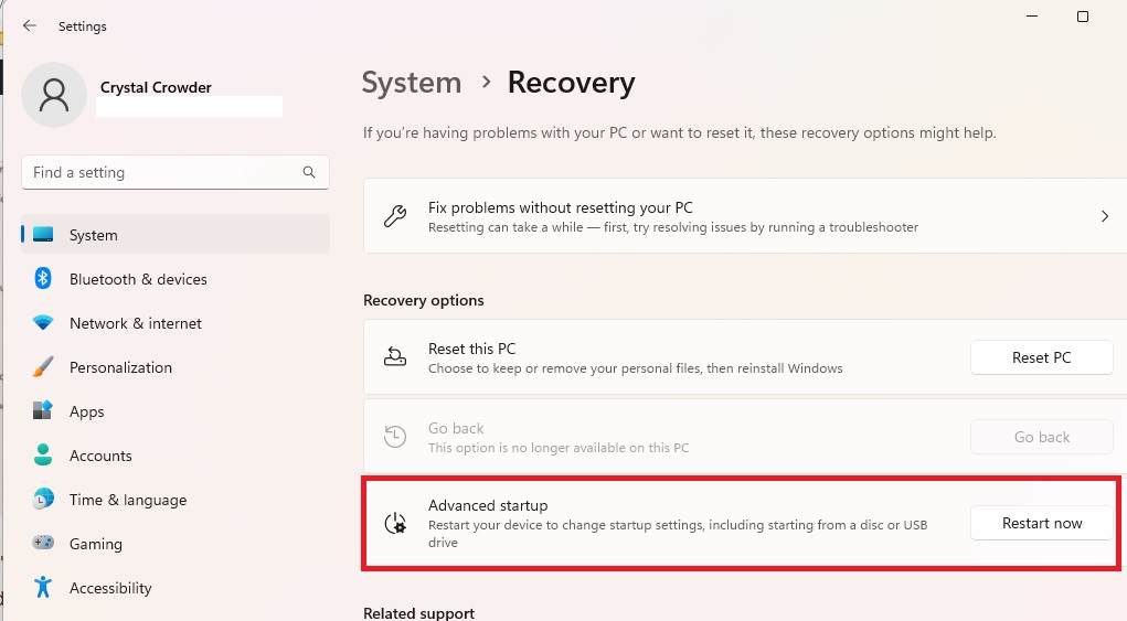 Pressing "Restart Now" next to "Advanced startup."