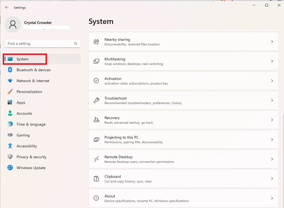 Accessing System under Settings in Windows 11.