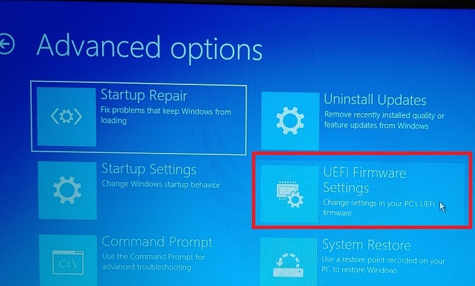 Select "UEFI Firmware Settings" in Advanced options. 