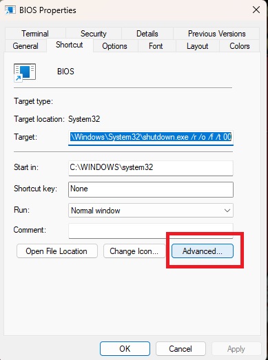 Pressing on "Advanced" button via the "Shortcut" tab.