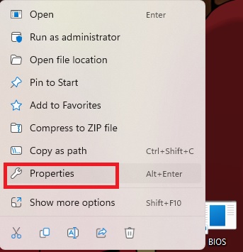 Right-clicking on shortcut to bring up "Properties" option. 