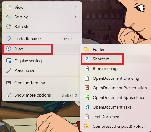 Creating a new shortcut via Windows desktop. 