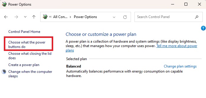 Clicking on "Choose what the power buttons do" in Control Panel. 