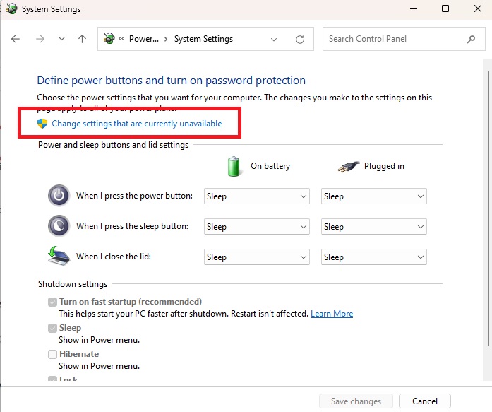 Selecting the "Change settings that are currently unavailable" option. 