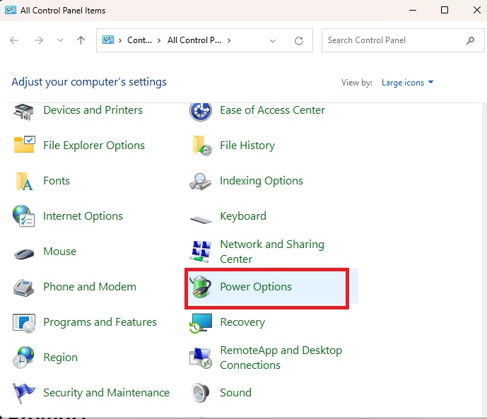 Selecting "Power options" in Control Panel.